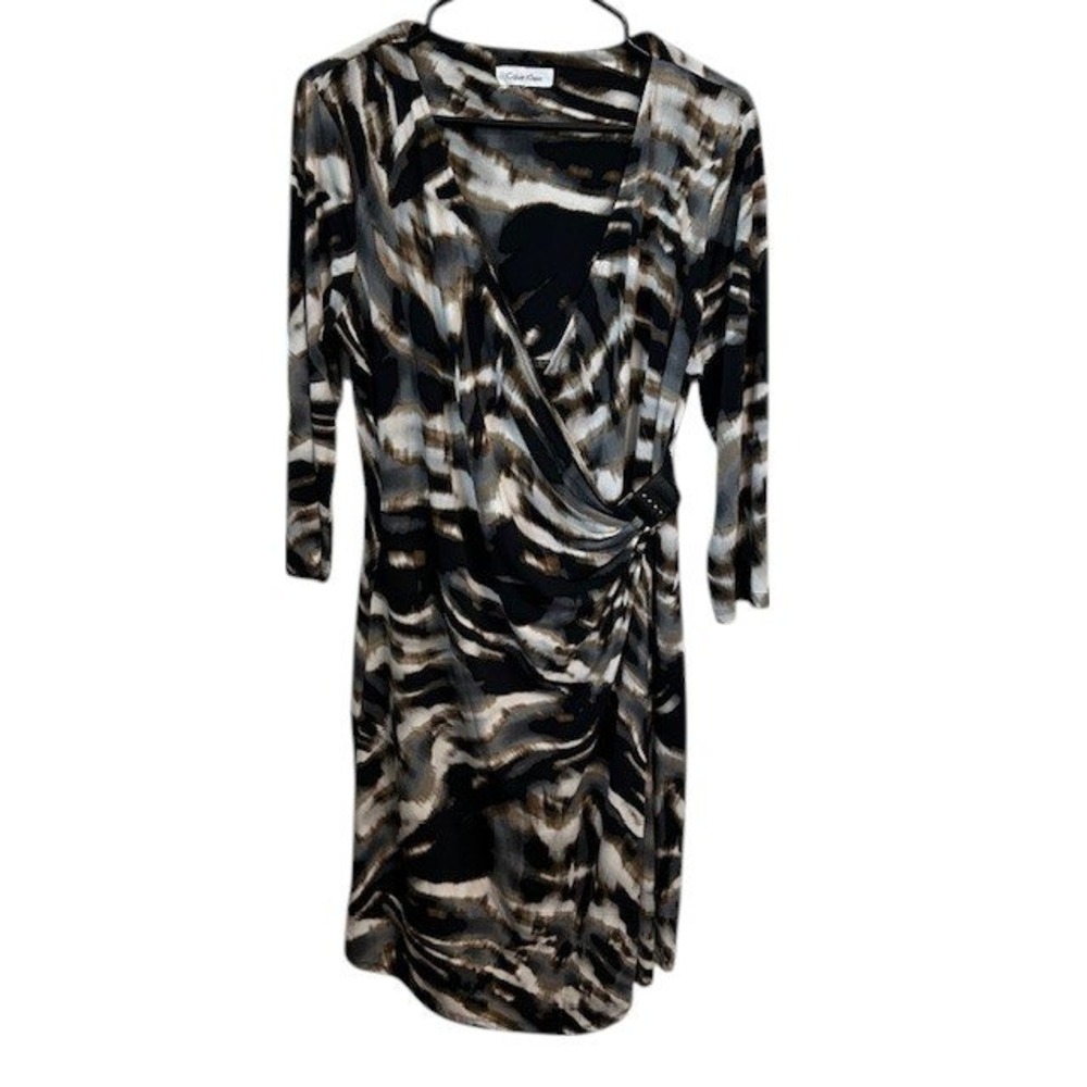 Calvin Klein Dress Abstract Print 3/4 Sleeve Sheath Career Black Gray Sz Med